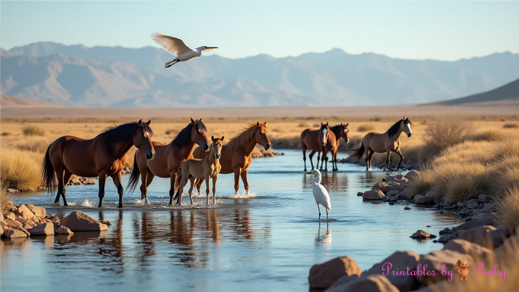 horses and egrets in the river