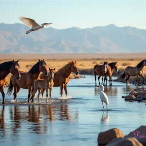 horses and egrets in the river